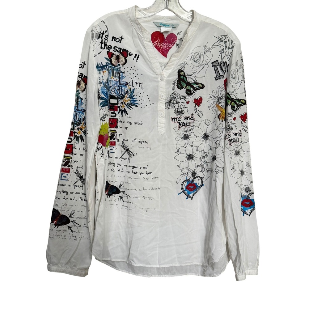 Desigual Womens Graphic Print Long Sleeve Button Up Tunic Blouse White Large